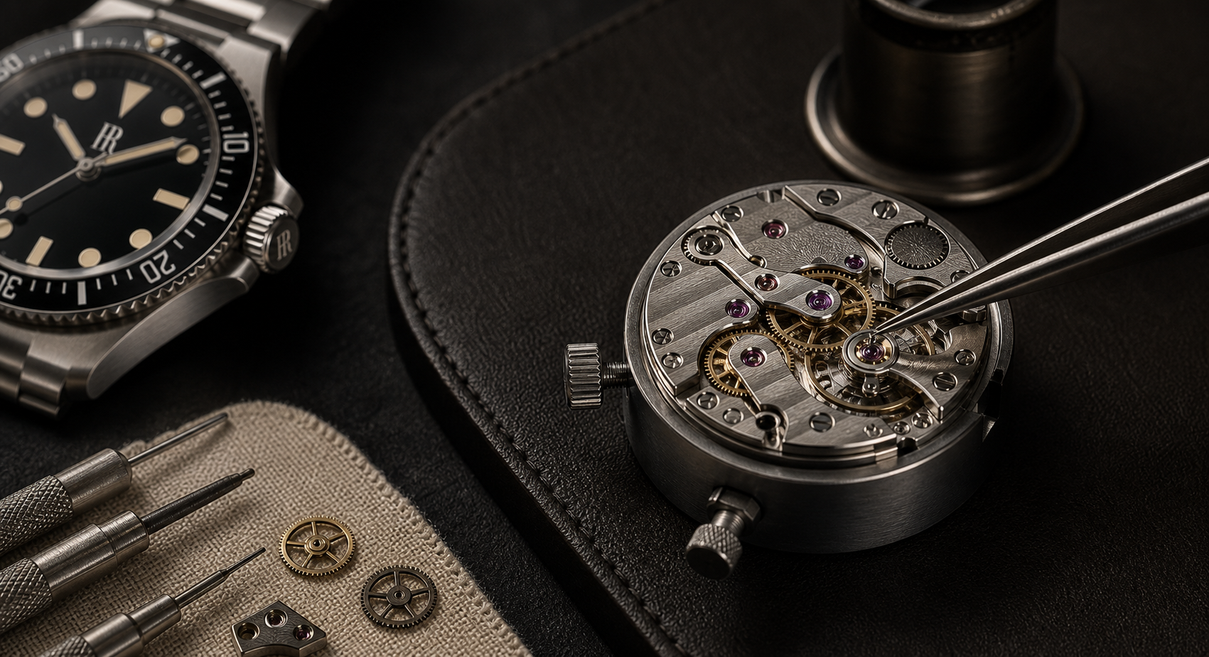 Françoise Romaine watchmaking movement and finishing tools on the bench